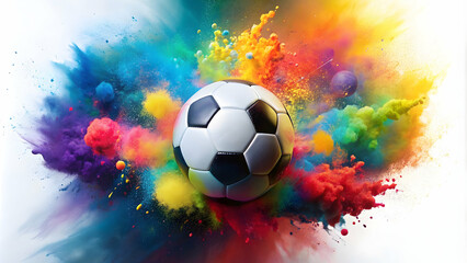 Naklejka premium Colorful explosion of paint surrounding a soccer ball , sports, soccer, ball, explosion, colorful, vibrant, paint