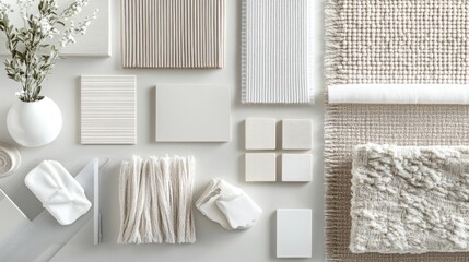 Modern flat lay composition in white and quietude color palette with textile and paint samples, lamella panels and tiles. Architect and interior designer moodboard. Top view. Copy space.