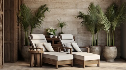 Relaxing indoor lounge area with comfortable chairs, tropical plants, and elegant decor