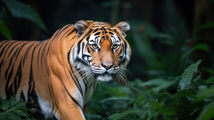 Obraz premium A majestic tiger roaming through dense jungle foliage, dappled sunlight highlighting its orange and black stripes, Realism, High-contrast, Nature Photography