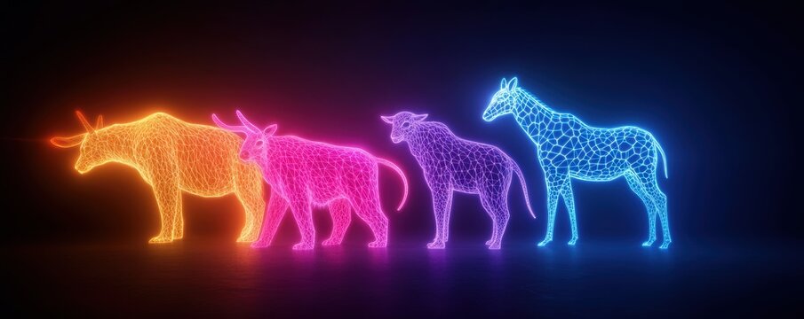 A group of endangered species in a digital hologram exhibit, glowing with vibrant neon light, promoting wildlife conservation, Futuristic, Neon, 3D Render