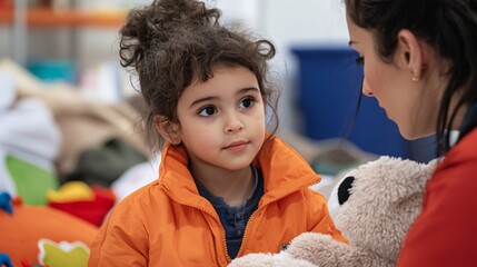 Young child in shelter receiving comfort from caregiver
