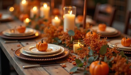 Naklejka premium Autumn feast setting with candlelight and pumpkins