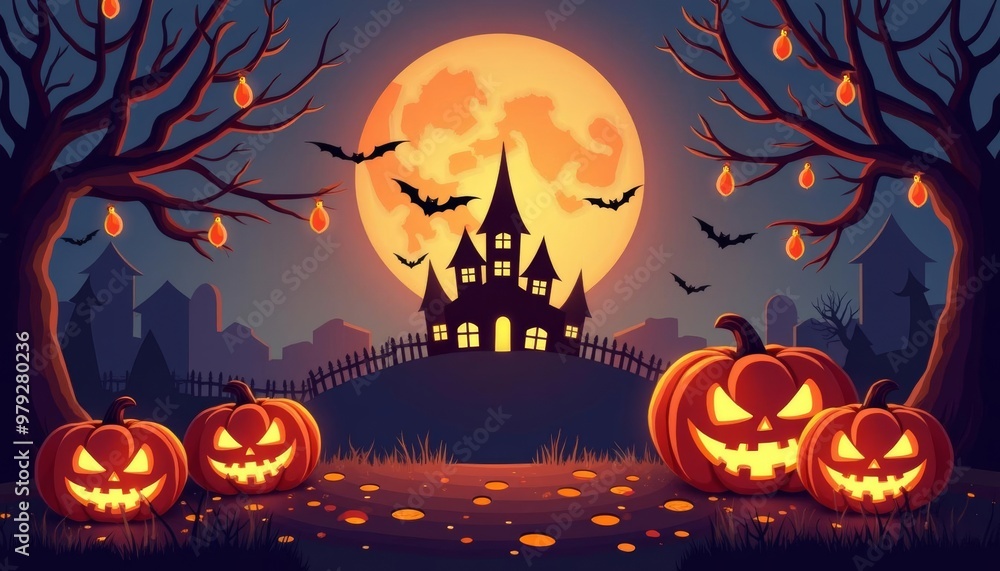 Canvas Prints  Spooky Halloween scene with jackolanterns and a haunted house under a full moon