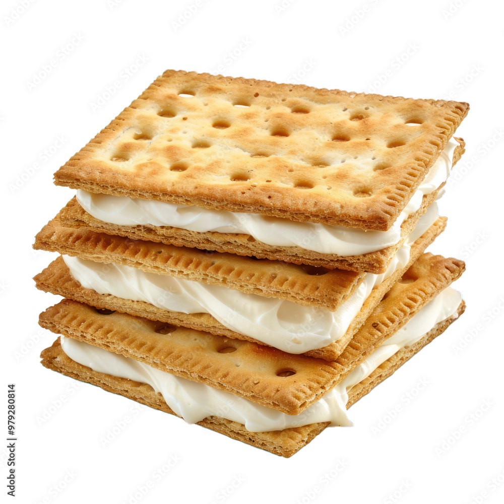 Poster stack of delicious square cracker cookies filled with milk cream isolated on white background