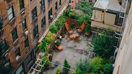 High-angle view of a rooftop garden with various potted plants and chairs, showcasing the harmonious blend of urban greenery and relaxation space in a city environment. 