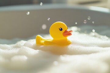 Yellow duck surrounded by bubbles and foam