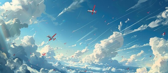 Dramatic skyscape featuring a formation of sleek high speed fighter jets soaring through the clouds against a vibrant atmospheric backdrop