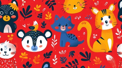 Adorable cartoon animal characters like cats dogs bears raccoons and other woodland creatures come together in a vibrant nature inspired pattern design  This seamless