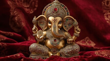Fototapeta premium A luxurious golden Ganesh decoration piece, embellished with intricate patterns and embedded with colorful gems, set against a red velvet backdrop