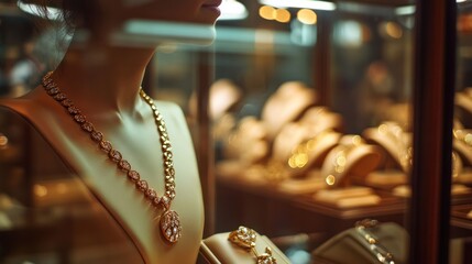 Obraz premium A luxury gold necklace being admired by a customer in an upscale jewelry store, with glass cases reflecting light and showcasing the elegant design of the piece