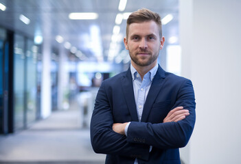 Fototapeta premium Portrait of a confident young male entrepreneur in a suit, standing in the office with his arms crossed, smiling directly at the camera. 