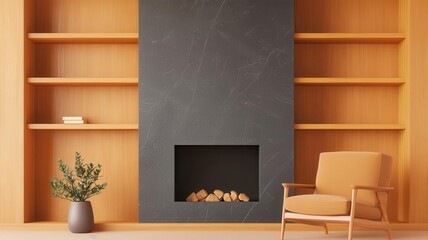 Granite fireplace surround in a cozy living room, with builtin shelves and comfortable seating, offering a blend of warmth and luxury