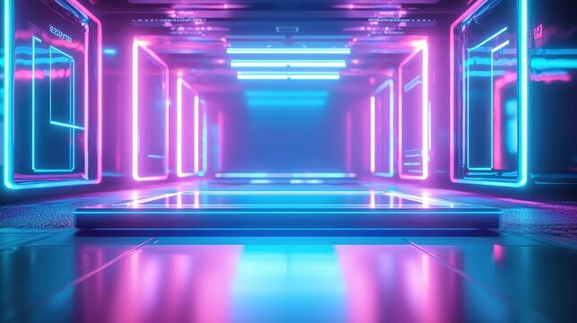 A smooth glass platform illuminated by vibrant neon lights in a modern studio setting with abstract backgrounds. Product advertisement and promotion concept.