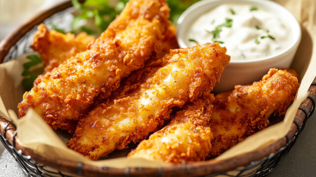 Crispy, golden chicken strips, ready to eat, in a grill basket with a creamy mayonnaise dip.