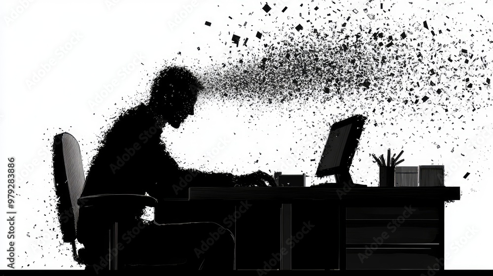 Poster a worker at his desk, oblivious to the shadow behind him disintegrating into tiny fragments, illustr