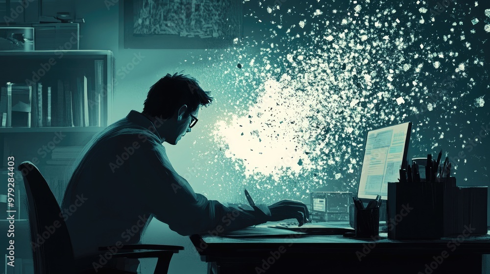 Poster A worker at his desk, oblivious to the shadow behind him disintegrating into tiny fragments, illustrating the passage of time.