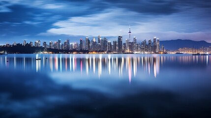 Naklejka premium Twilight reflections over a vibrant city skyline with a calm waterfront view in Toronto