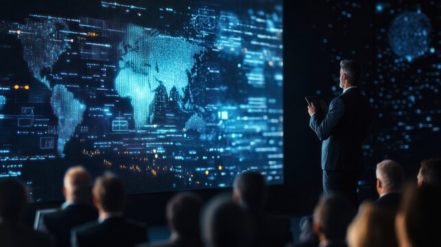 A quantum computing business applications expert explaining the potential of quantum algorithms for solving complex business problems, with a digital presentation