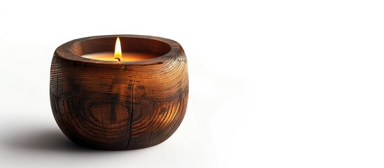 Warm glowing light casting a cozy intimate ambiance from a rustic wooden candle holder  The natural texture and flame create a serene meditative atmosphere perfect for relaxation wellness or holiday