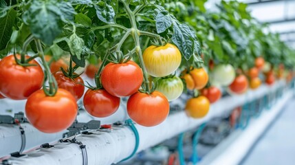 Conceptual image of hydroponic superfoods, highlighting dietary benefits and vibrant colors, tomatoes and peppers thriving