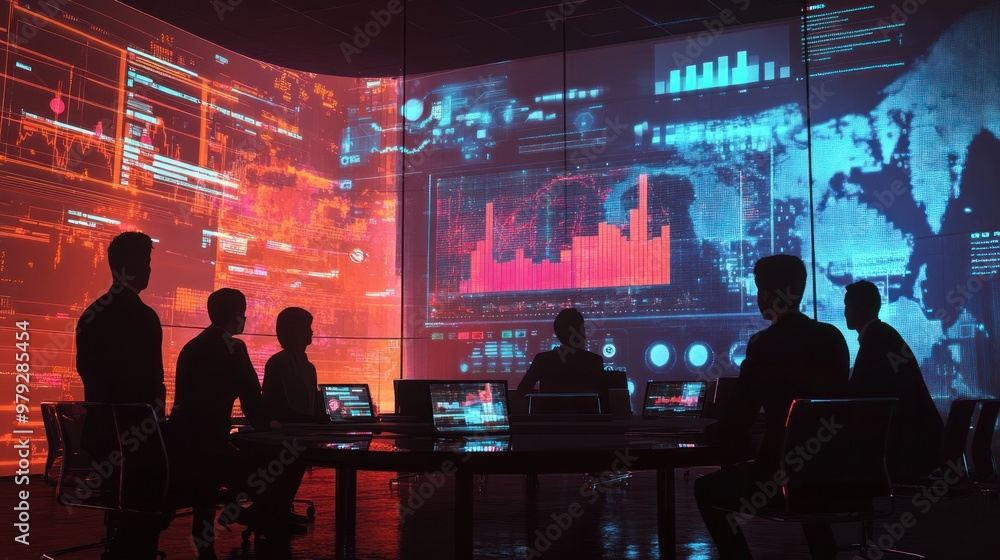 Poster a scene of a digital transformation expert analyzing company data on a large screen, surrounded by e