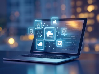 A laptop displaying digital graphics with icons representing data analysis and technology on a blurred city background.