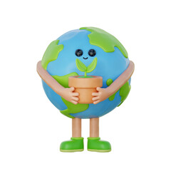 3D cute earth cartoon character, world Environment day, save planet and energy, eco friendly, 3d rendering.