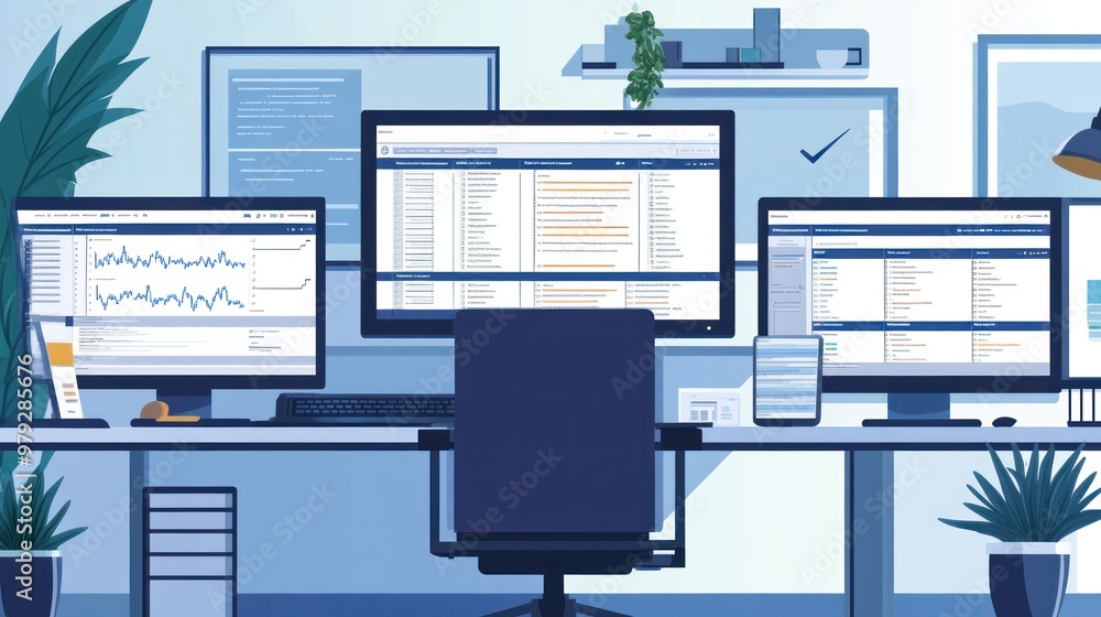 Poster a scene of a project management office, with multiple monitors displaying gantt charts, project trac