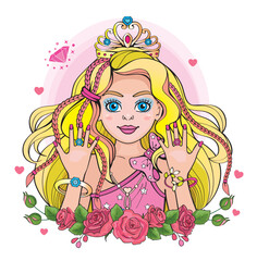 Modern beautiful princess or supermodel. Cute girl with fashionable hairstyle and pigtails. Isolated illustration for print or sticker. Portrait, floral wreath and rainbow on white background. Vector