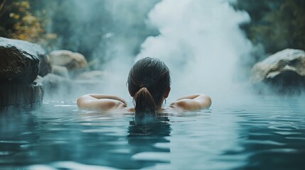Fototapeta premium A serene scene of a person relaxing in a steaming hot spring surrounded by nature.