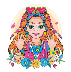 Modern beautiful princess or supermodel. Cute girl with fashionable hairstyle and pigtails. Isolated illustration for print or sticker. Portrait, floral wreath and rainbow on white background. Vector.