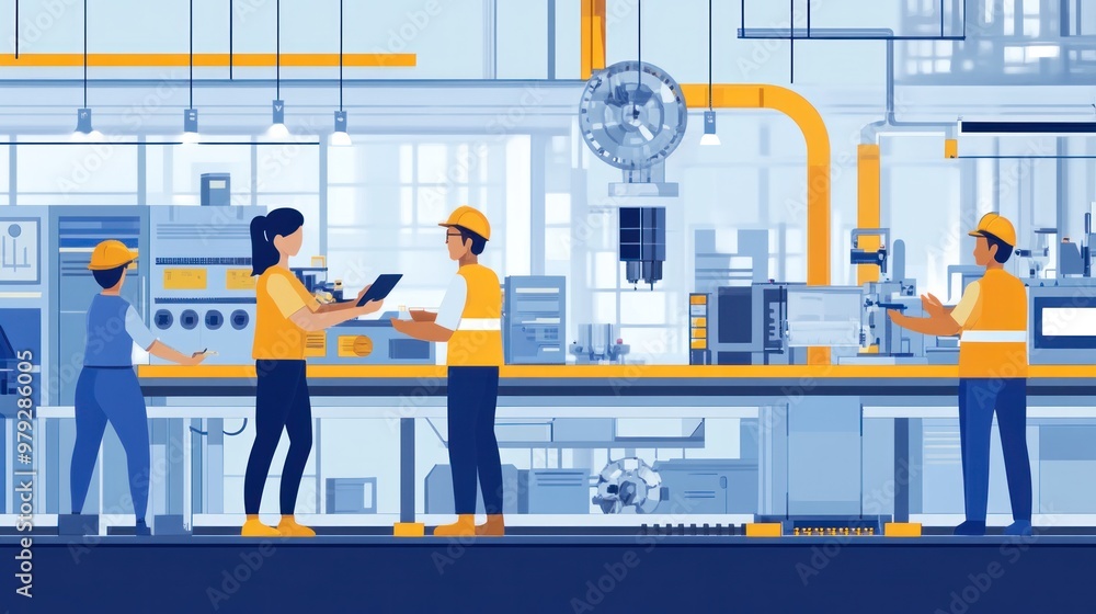 Poster a scene of an industrial engineer collaborating with a cross-functional team, integrating lean manag
