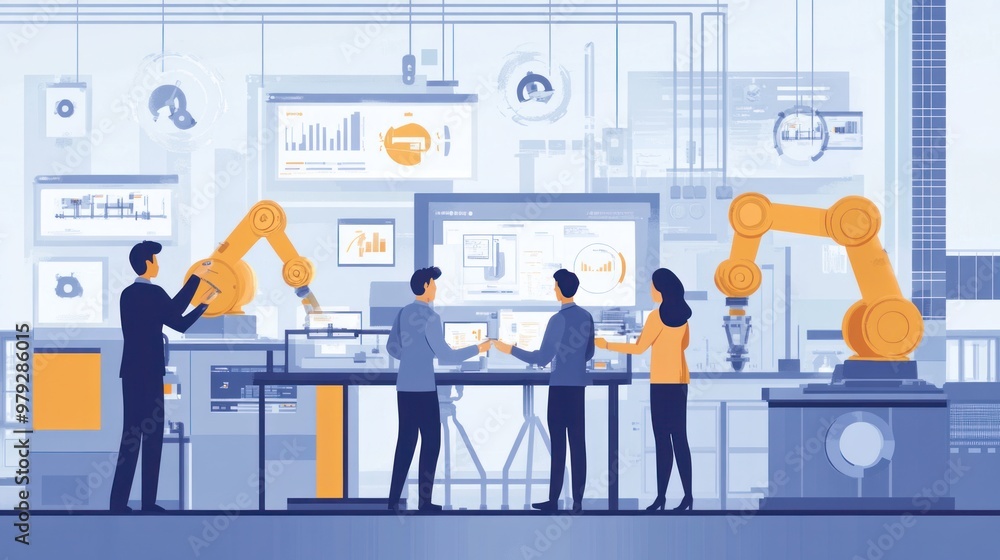 Poster a scene of an industrial engineer collaborating with a cross-functional team, integrating lean manag