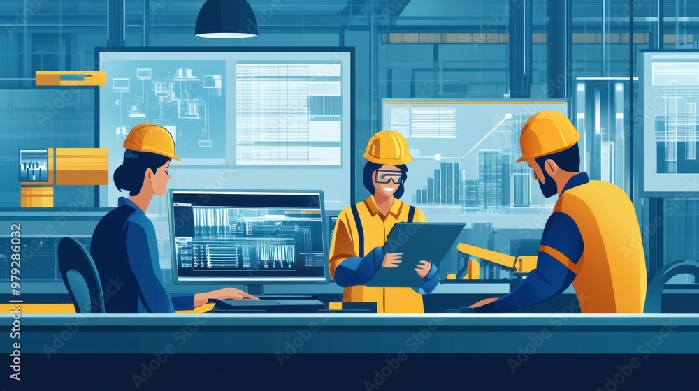 Poster a scene of an industrial engineer collaborating with a cross-functional team, integrating lean manag