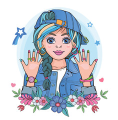 Modern beautiful princess or supermodel. Cute girl with fashionable hairstyle and pigtails. Isolated illustration for print or sticker. Portrait, floral wreath and rainbow on white background