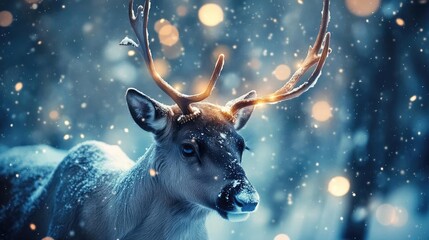 Fototapeta premium A majestic reindeer in a snow-covered landscape, adorned with glowing antlers, creating a magical winter atmosphere.