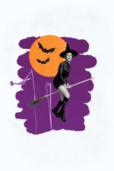 Vertical photo collage of happy witch girl ride broom late night flight bats halloween sabbath holiday isolated on painted background