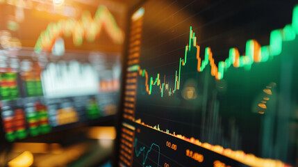 Close-up of digital stock market screen showing dividend stock graph with green upward trend line, symbolizing financial growth and investment success
