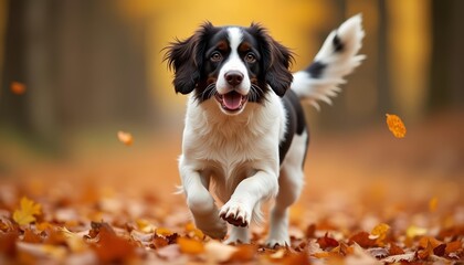  Joyful dog in autumn leaves