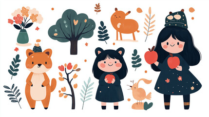 Cute stickers, various animal and character illustrations, green leaves, flowers in vases, girls wearing dresses with hair accessories on their heads holding bags or school bags.