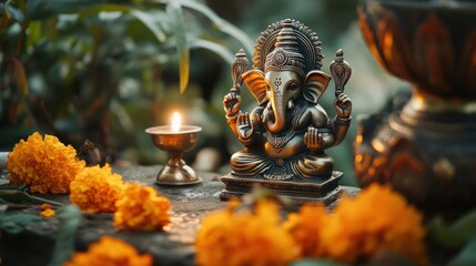 Fototapeta premium A small bronze Ganesh statue, with fine details, placed on a traditional altar with marigold flowers and a small oil lamp, evoking a sense of devotion