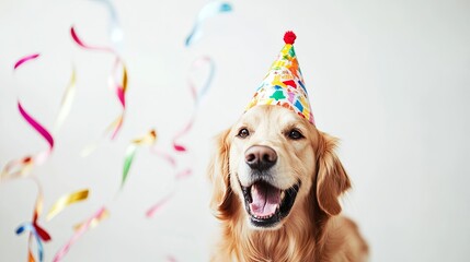 Joyful Golden Retriever Pup Celebrates Birthday with Festive Hat, Ribbons Aflutter in a Minimalist Setting. Canine and Celebration Themes.