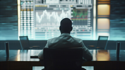 Senior executive in suit reading financial regulations, focused and serious in modern office, blurred financial charts background, emphasizing compliance and oversight in finance.