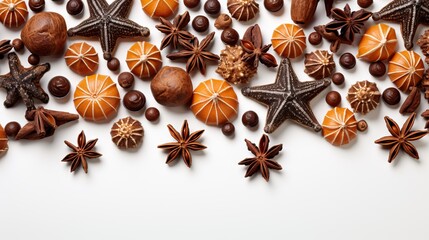 A vibrant collection of spices and dried fruits arranged neatly on a white background