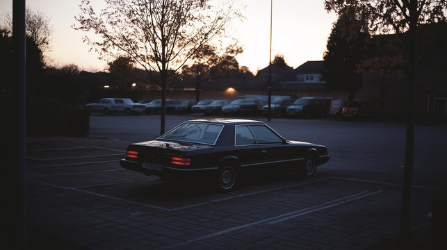 Fototapeta Black vintage car parked in empty parking lot at sunset