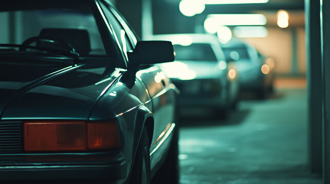 Fototapeta Vintage cars parked in a row in an underground garage with teal and orange tones