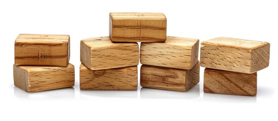 Stacked rectangular wooden logs or timber blocks arranged in an organized and symmetrical pattern  The wooden pieces are in various sizes with a natural earthy texture and grain visible