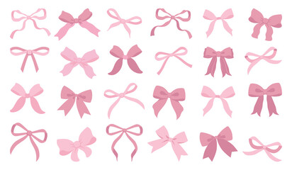 Vector Illustration of pink vintage bows. Girly hair decor, flat icon. Ribbons isolated. Trendy girls accessories. Cute hairstyle elements collection. Simple hand drawn bow collection. Bowknot for dec