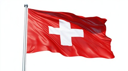 A Swiss flag with a bright red field and a white cross, waving in the wind against a light background.